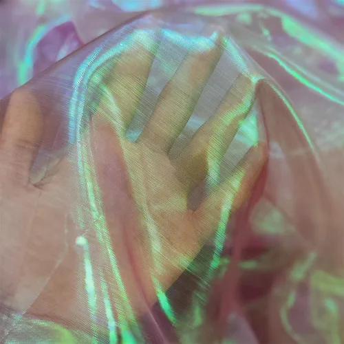 Vista 2 de Tela de encaje de organza con gradiente láser arcoíris mágico, tela de gasa holográfica iridescente para vestido de novia, cortina, fondo, fiesta