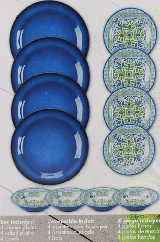 Vista 6 de Juego de vajilla de melamina de 12 piezas (azul y verde) - Adecuado para interiores y exteriores