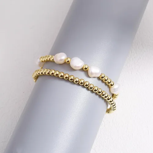 Vista 6 de Pulseras de cuentas de oro para mujer, perlas barrocas apilables, chapadas en oro de 14 quilates, pulsera de bolas elásticas para regalo de joyería