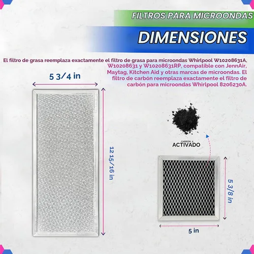 Vista 3 de Bagean Filtro de Ventilación de Microondas para Grasa W10208631A y Carbón 8206230A Filtro de Repuesto para Microondas Whirlpool Paquete Combinado
