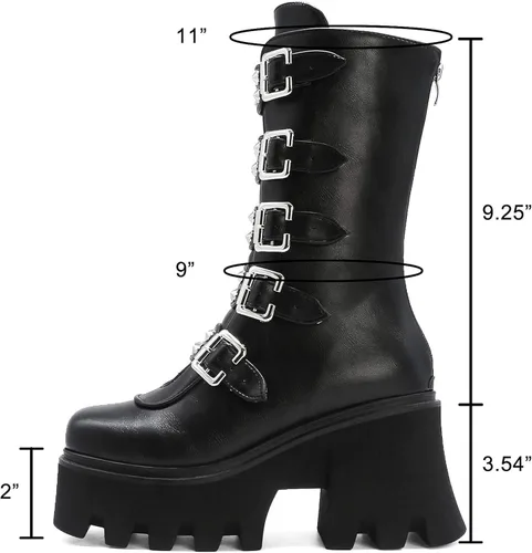 Vista 5 de YIYA - Botas de combate a media pantorrilla con estoperoles para mujer botas de plataforma góticas negras botines de plataforma con hebilla y punta