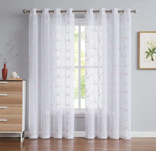 Vista 7 de Cortinas LinenZone de piso a techo para ventanas extra anchas. Cortinas transparentes blancas para divisores de habitación con bordado de hojas rosa