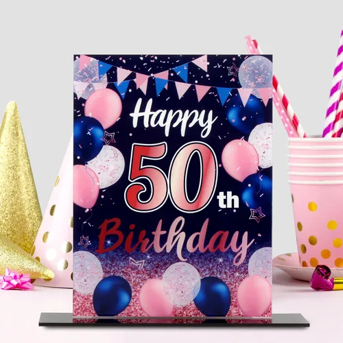 Vista 99 de LINGTEER Decoraciones de feliz cumpleaños número 11, 2 piezas de soporte de acrílico con impresión de pie rosa y azul, tablero de telón de fondo