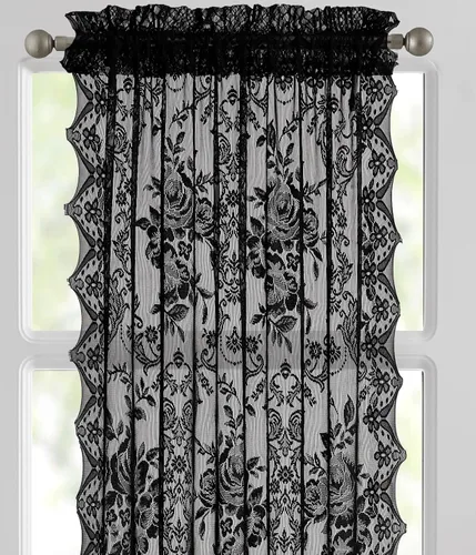 Vista 4 de Warm Home Designs Cortinas negras para puerta francesa. El par de cortinas de encaje con rosas inglesas viene con 2 alzapaños gratis. Las cortinas