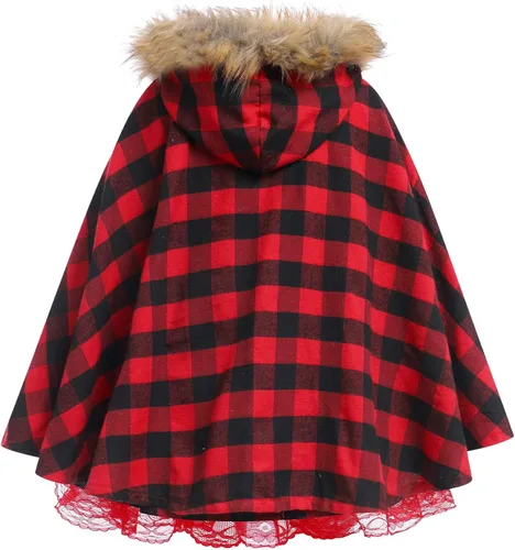 Vista 3 de Vestido de fiesta de Navidad para mujeres y niños y niñas, vestido de tutú a cuadros rojos con capa con capucha, capa y disfraz familiar a juego