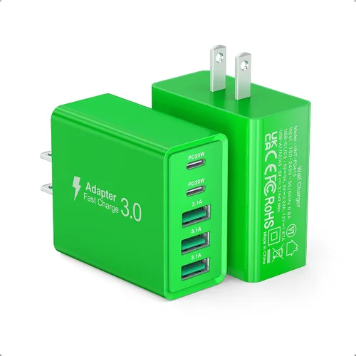 Vista 14 de [Paquete de 2] Cargador de pared USB C, bloque de cargador USB C de 60 W, bloques de carga rápida PD de 5 puertos, enchufe multipuerto 2USB C + 3USB