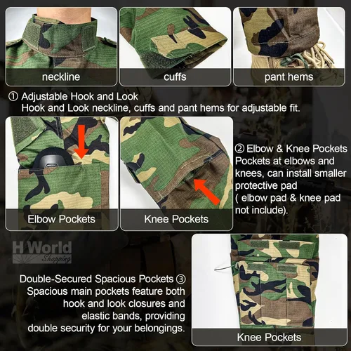 Vista 7 de H World Shopping Militar táctico hombre caza combate BDU uniforme traje camisa y pantalones con cinturón Woodland, Camuflaje del bosque