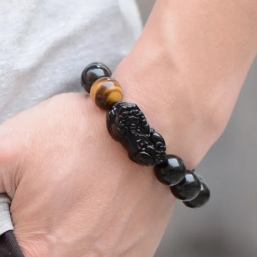 Vista 4 de Pulsera de obsidiana negra, pulsera de obsidiana negra Feng Shui para mujeres y hombres, pulsera elástica de obsidiana con piedra de ojo de tigre