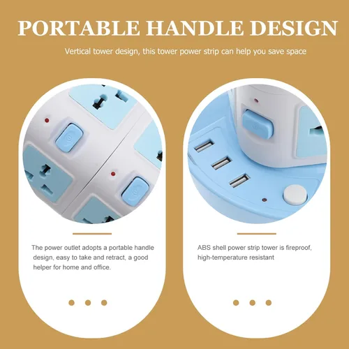 Vista 9 de Homoyoyo Torre de regleta de alimentación de carga USB con ABS azul, cable de extensión ignífugo con enchufe estadounidense, concentrador