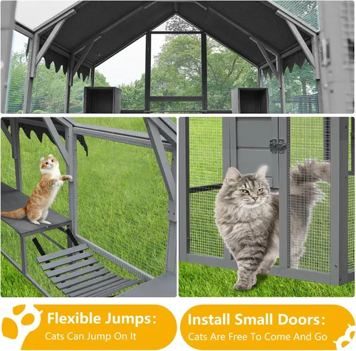 Vista 3 de Catio grande de madera para exteriores de 110 pulgadas, recintos para gatos al aire libre, cubierta resistente a la intemperie, dos puertas