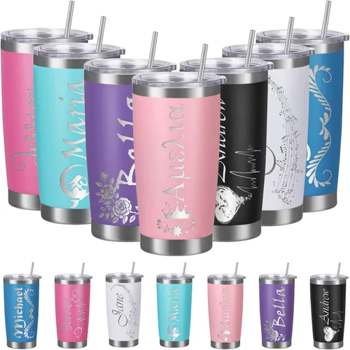 Vista 9 de Vasos personalizados con tapa y pajita, vaso aislado personalizado grabado con nombre, vaso de café de acero inoxidable, regalos para hombres y Negro
