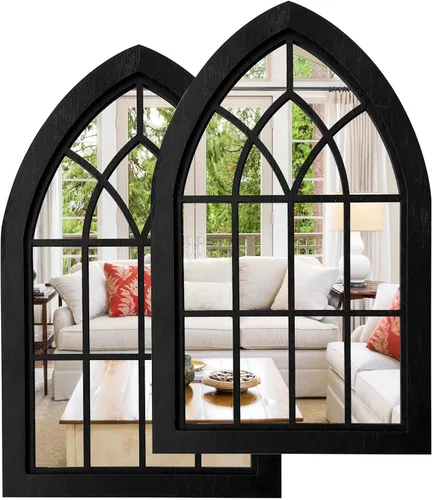 Vista 12 de ZEXUIRU 2 piezas de espejo de pared arqueado para ventana, espejo de acento rústico de granja, espejo de entrada con marco de madera para sala