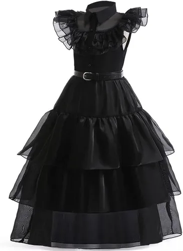 Vista 2 de QIEMIAO Wednesday Addams - Vestido de Halloween para niños, con guantes, cinturón y calcetines, vestido de fiesta de cosplay familiar Addams