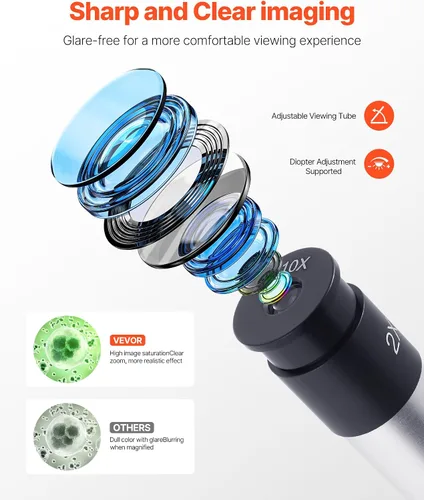 Vista 4 de VEVOR Microscopio para niños adultos, 40X-2000X Microscopio compuesto profesional adaptador de teléfono móvil con luz LED, para laboratorio