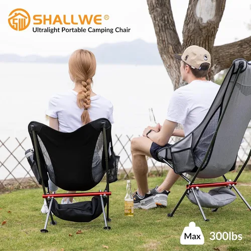 Vista 2 de SHALLWE Camping Chairs, All Aluminum Frame Portable Folding Camp Chair for Adults, Heavy Duty High Back Collapsible with Built-in Pillow, Side