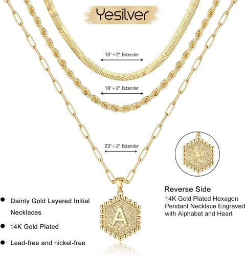 Vista 6 de Collares con iniciales en capas para mujer, collar de cadena con clip chapado oro de 14 quilates para mujer, collar con forma hexagonal