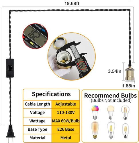 Vista 2 de Kit de luz colgante con cable enchufable con interruptor, Luces Colgantes Estilo Granja con cable de alimentación de 19.68 pies de longitud, Cable