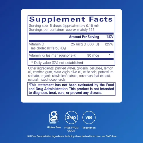 Vista 2 de Pure Encapsulations EmulsiSorb K2/D3 Liquid Vitamina K2 y D3 emulsionada de absorción mejorada para apoyo a la salud vascular* 0.7 onzas líquidas