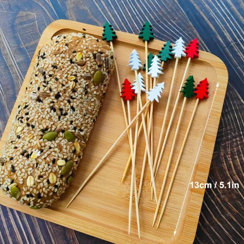 Vista 3 de 100 piezas de selecciones de cóctel de bambú fruta/comida palillos de dientes festivos de aperitivos de 4.72 pulgadas palillos de madera con árboles