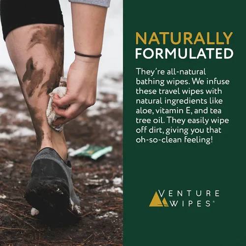 Vista 4 de Venture Wipes Toallitas corporales de aceite de árbol de té, toallitas de aventura para adultos, limpieza biodegradable con aloe y vitamina E