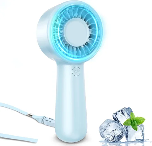 Vista 12 de Ventilador de mano portátil, pequeño ventilador de mano turbo personal, potente, refrescante, cordón, recargable por USB, 5 velocidades, maquillaje