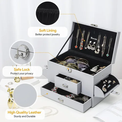 Vista 4 de Homde Joyero organizador para mujeres y niñas estuche grande de almacenamiento de joyas con cajón collar aretes anillos reloj gafas de sol
