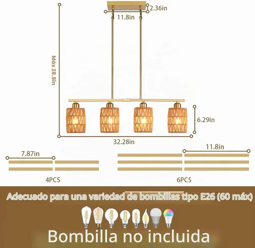 Vista 4 de Lámpara de isla de cocina de ratán, lámpara de araña rústica boho costera, lámpara colgante rústica bohemia de 4 luces para comedor, altura