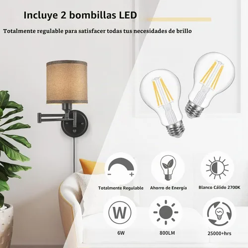 Vista 3 de GOODATE Apliques de pared regulables, lámpara de pared con brazo oscilante, juego de dos apliques de pared, lámpara de pared enchufable, juego de 2
