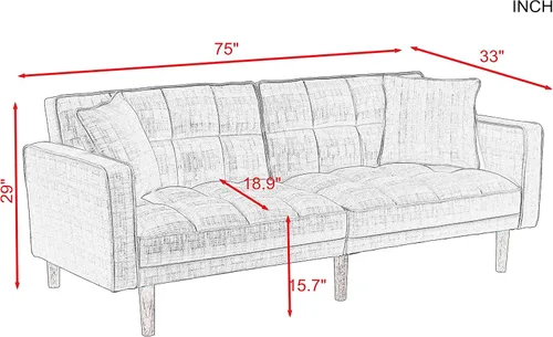 Vista 4 de Sofá cama futón convertible, moderno sofá cama plegable tapizado de lino con dos almohadas, sofá cama de 75 pulgadas para sala de estar, dormitorio