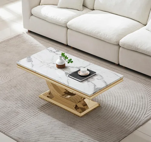 Vista 4 de SSLine Mesa de Centro Rectangular de Mármol Sintético para Sala de Estar, Mesa Central Moderna de Mármol Blanco de Lujo con Base Doble en Forma de U