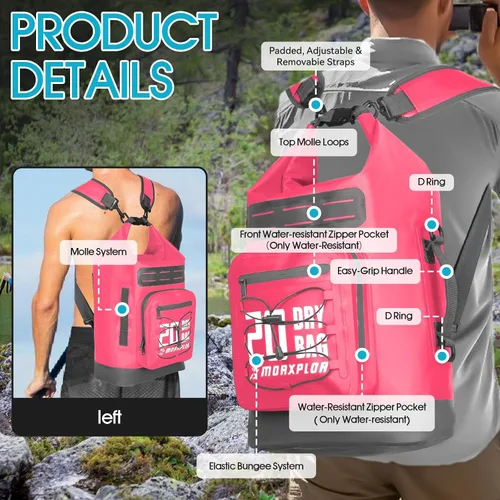 Vista 70 de MORXPLOR Bolsa seca impermeable, 5L/10L/20L/30L/40L/55L Mochila seca con funda impermeable para teléfono para natación, kayak
