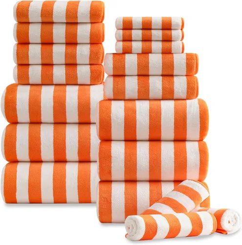 Vista 13 de Juego de 18 toallas de baño de rayas color blanco y negro con lazo para colgar, 6 toallas de baño, 6 toallas de mano, 6 toallas familiares, juego
