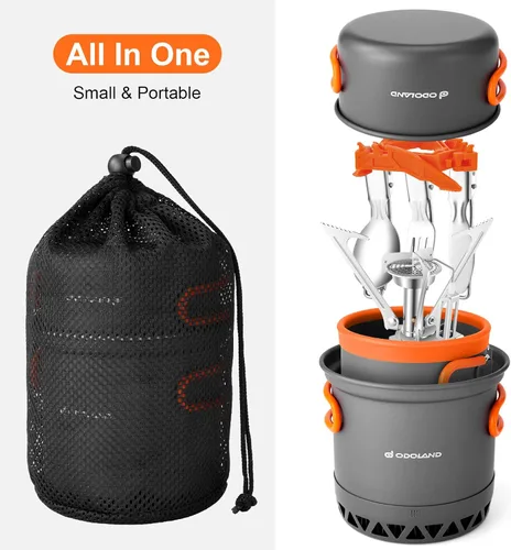 Vista 7 de Odoland Juego de ollas de camping con intercambiador de calor, juego de cocina con estufa de camping portátil, kit de comida de camping, incluye