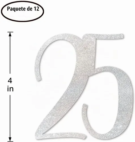 Vista 2 de Palitos de centro de mesa de cumpleaños 25 con purpurina plateada, paquete de 12 decoraciones de fiesta de aniversario número 25