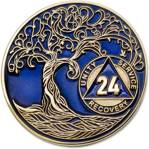 Vista 259 de 1 año Sobriety Mint Twisted Tree of Life Medallón de recuperación AA chapado en oro, chip/ficha - negro