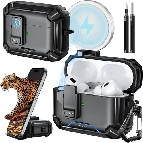 Vista 28 de Inesore Funda para AirPods Pro 1ª/2ª con bloqueo seguro (verde oscuro) Cubierta magnética de bloqueo automático con soporte para teléfono y kit