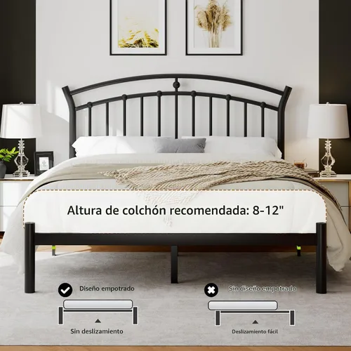 Vista 7 de iPormis Marco de cama de plataforma de metal de tamaño completo con cabecera moderna de arte de hierro/soporte de listones de acero de servicio Negro