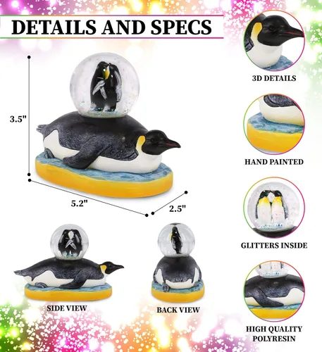 Vista 2 de CoTa Global Globo de nieve de pingüino, figura mágica de globo de agua arcoíris con purpurina brillante, adorno coleccionable para decoración