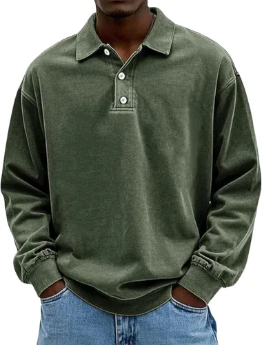 Vista 11 de Camisa Polo de Manga Larga para Hombre Camisa con Botón Desgastado Básica Color Sólido Camisa Polo Clásica Holgada Casual Camisas con Cuello Camiseta
