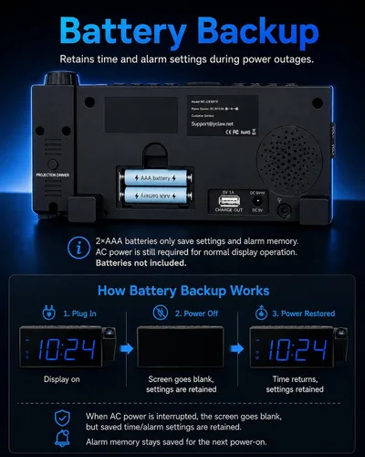 Vista 7 de OnLyee Reloj despertador de proyección para dormitorio, LED digital en techo y pared con carga USB para teléfono, respaldo de batería, proyector