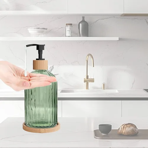 Vista 5 de Green Glass Soap Dispenser with with Bamboo Pumps & Tray, 140z Hand and Dish Soap Dispenser Bathroom Set, Vertical Stripe Bathroom Lotion Dispenser