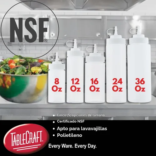 Vista 5 de Tablecraft Botellas de plástico exprimibles para condimentos, restaurante de uso comercial, boca ancha de 2.087 in, punta de cono con tapa atada