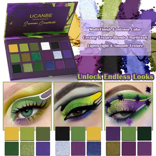 Vista 6 de Paleta de Sombras de Ojos Gótica Verde Morada - 18 Colores Mate Brillante Metálico Brillante y Oscuro Sombras de Ojos Góticas Ahumadas