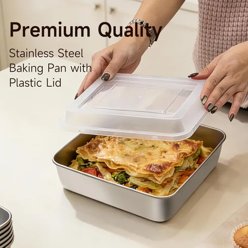 Vista 3 de Juego de moldes cuadrados de acero inoxidable de 6 x 6 pulgadas con tapa para hornear lasaña, con tapa para pasteles, brownies, galletas, horno apto