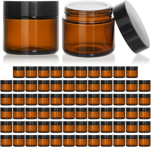 Vista 9 de KEYWING Tarros de vidrio pequeños de 2 onzas con tapas negras, paquete de 48 frascos cosméticos de vidrio ámbar, recipiente redondo vacío de muestra