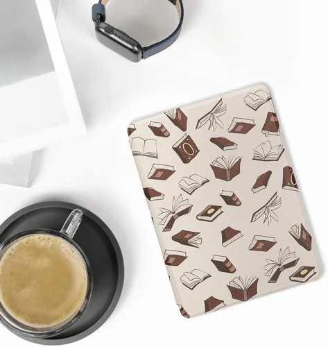 Vista 2 de kwmobile Funda compatible con Amazon Kindle Paperwhite 11. Generación 2021 - Funda para lector electrónico - Libros y páginas Beige/Marrón/Dorado