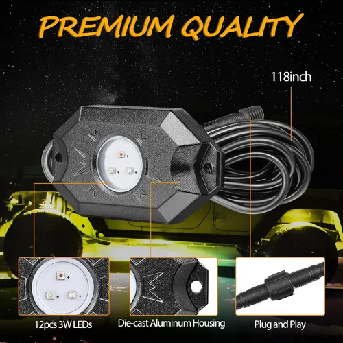 Vista 3 de Niwaker - Kits de luces de roca RGB, 4 cápsulas de luces LED RGB con control Bluetooth, luces LED de neón multicolor para camiones, ATV, UTV, SUV