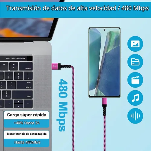 Vista 3 de Samsung S23 Ultra USBC Cable de carga rápida, cable USB C largo a USB A Android blanco+azul+roserd
