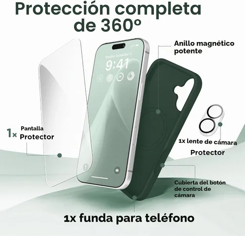 Vista 8 de GolbinBox - Funda magnética para iPhone 17, funda de silicona, color verde Compatible con MagSafe, protector de pantalla + protector de lente