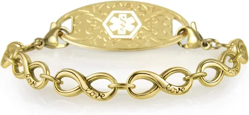 Vista 5 de Lauren's Hope - Pulsera de alerta médica con cadena infinita grabada en tono dorado para mujer, grabado gratuito, diabetes, warfarina, xarelto